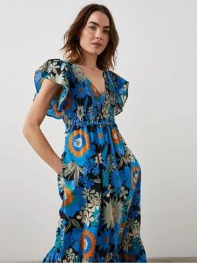 Rails “Clementine” Azul Wildflower Blue & Orange Floral Smocked Midi-Dress, Med